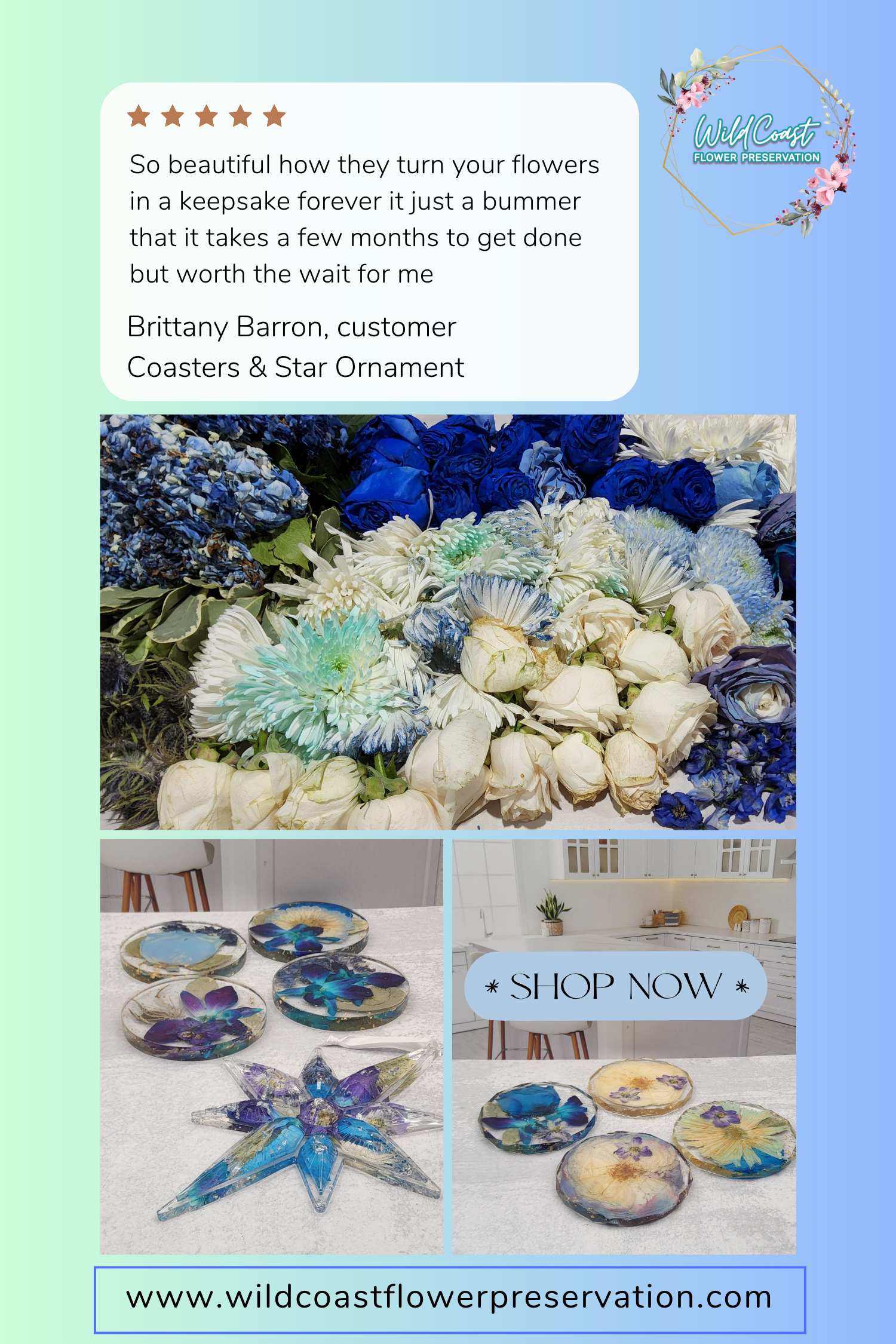 Floral coasters and star ornament with customer review and 'Shop Now' call to action on a light blue background.