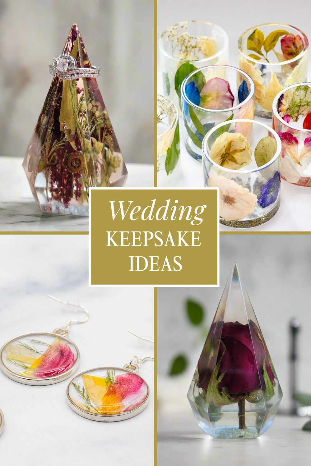 Collage of wedding keepsake ideas including resin-encased flowers and jewelry on a white background.