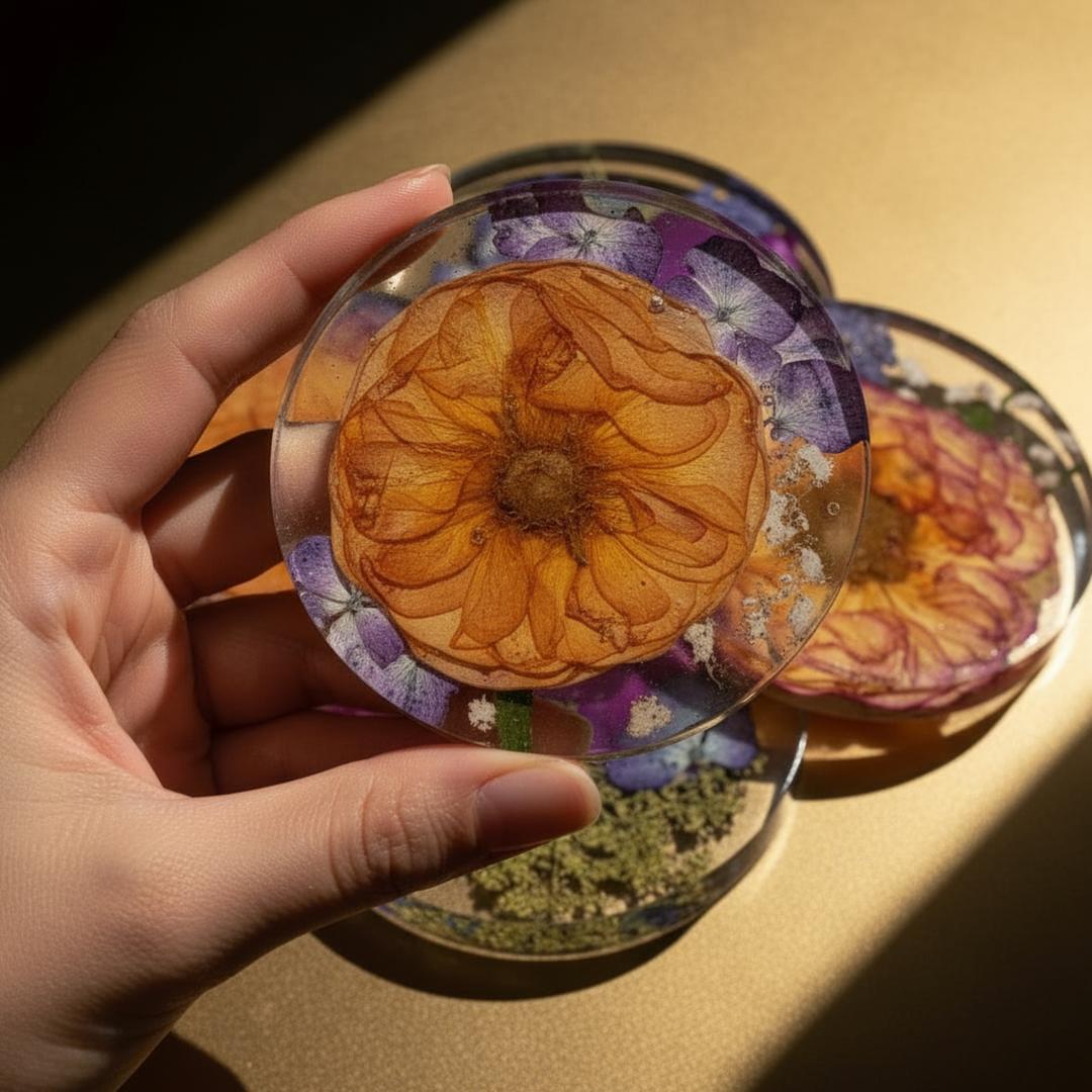 Hand holding a round pressed flower coaster made of epoxy resin coaster with dried flowers preserved inside on a gold surface.