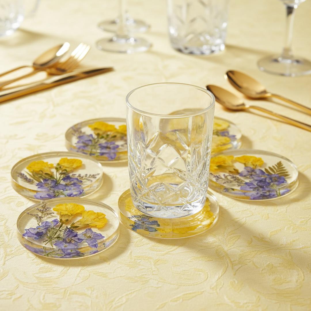 Clear glass tumbler on preserved floral coasters with a yellow tablecloth and cutlery in the background