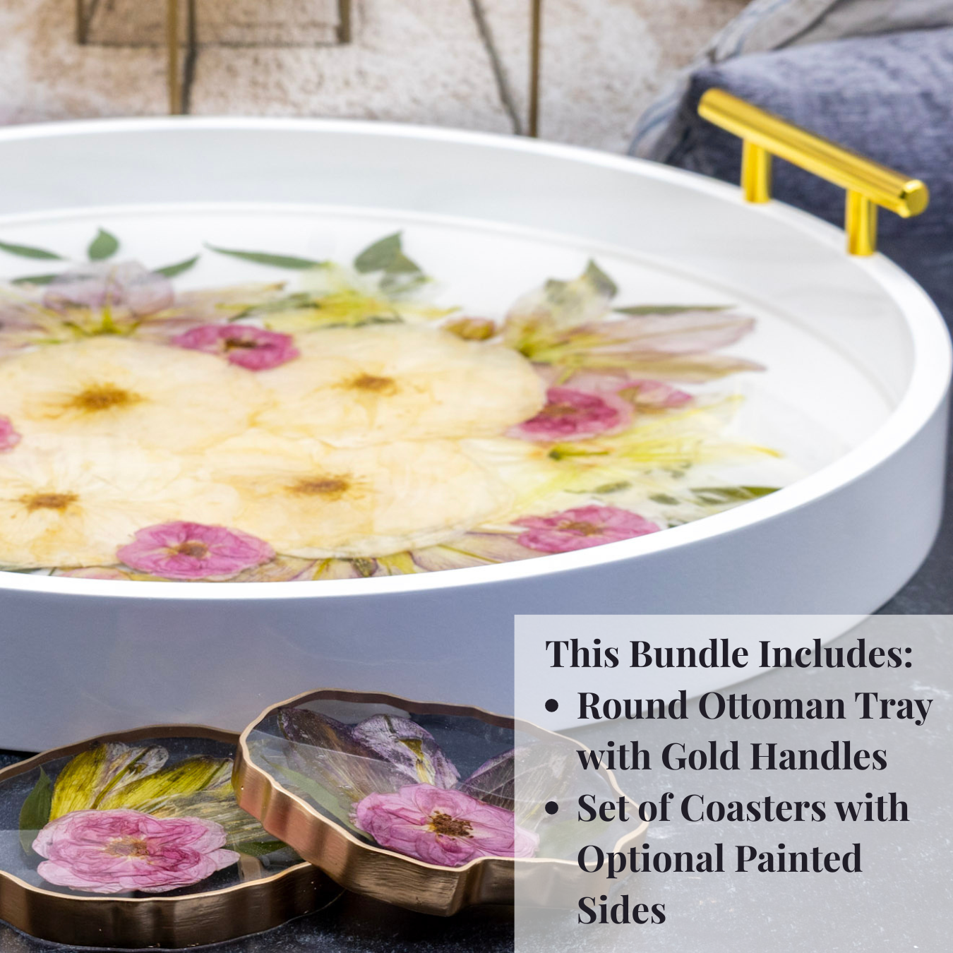 Round Ottoman Tray & Geode Coaster Bundle