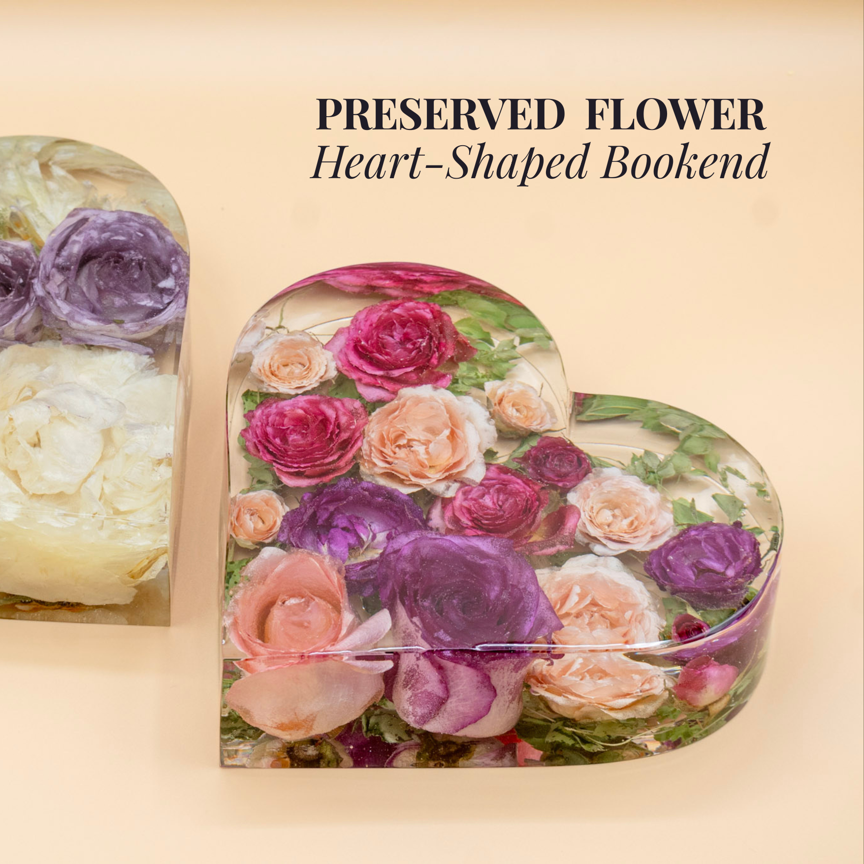 9" Preserved Flower Heart Bookends
