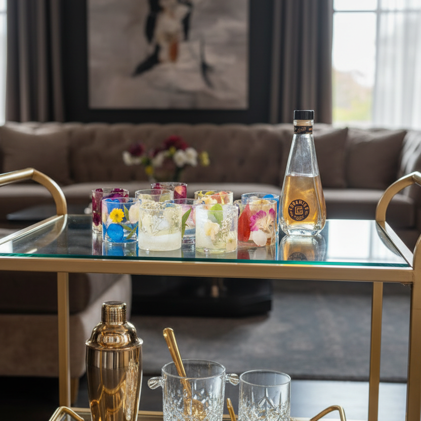 Resin tumblers with preserved flowers in pink, blue, and yellow blooms displayed on a gold bar cart, colorful flower preservation keepsakes.