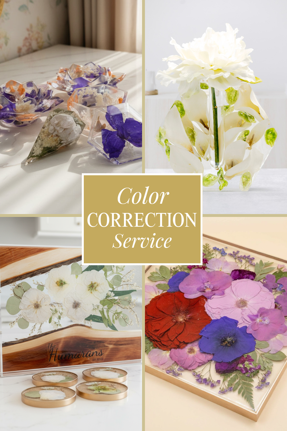 Collage of floral arrangements with text overlay for color correction service.