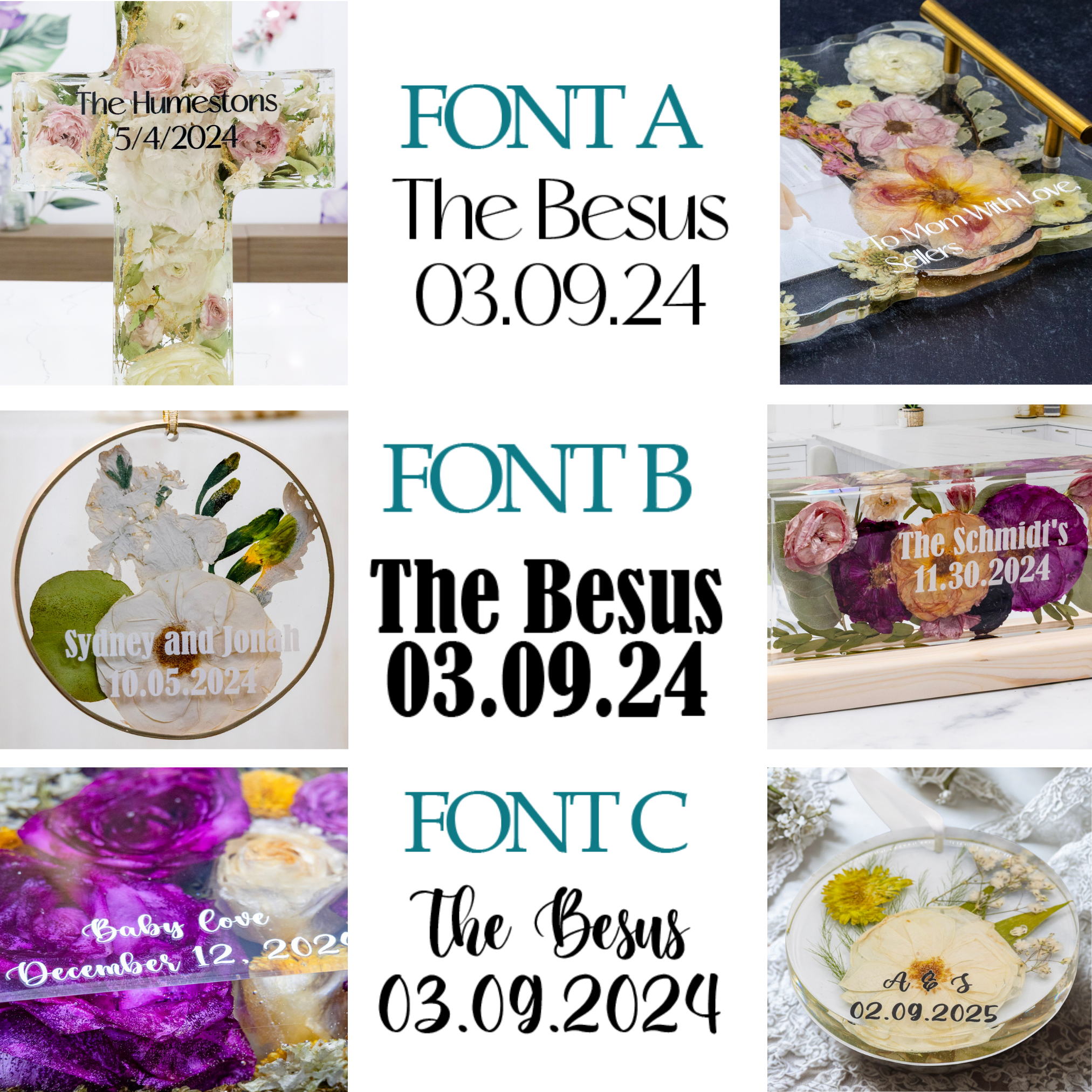 Collage of personalized font options for text overlay on preserved flower art in various font styles and colors.