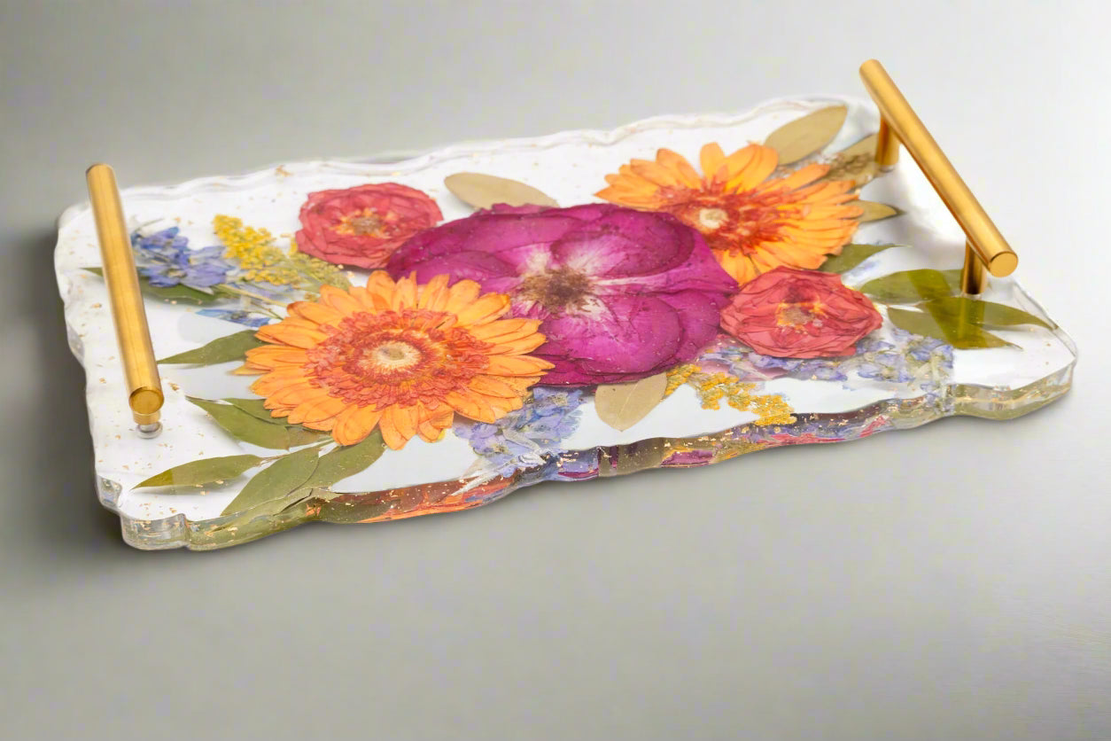 Transform your wedding bouquet into a stunning pressed flower geode serving tray through our expert wedding bouquet preservation resin tray service, creating a beautiful large rectangle preserved flower tray that showcases your blooms in elegant wedding flower preservation artistry with natural geode-inspired edges that brings lasting memories and functional beauty to your home entertaining.