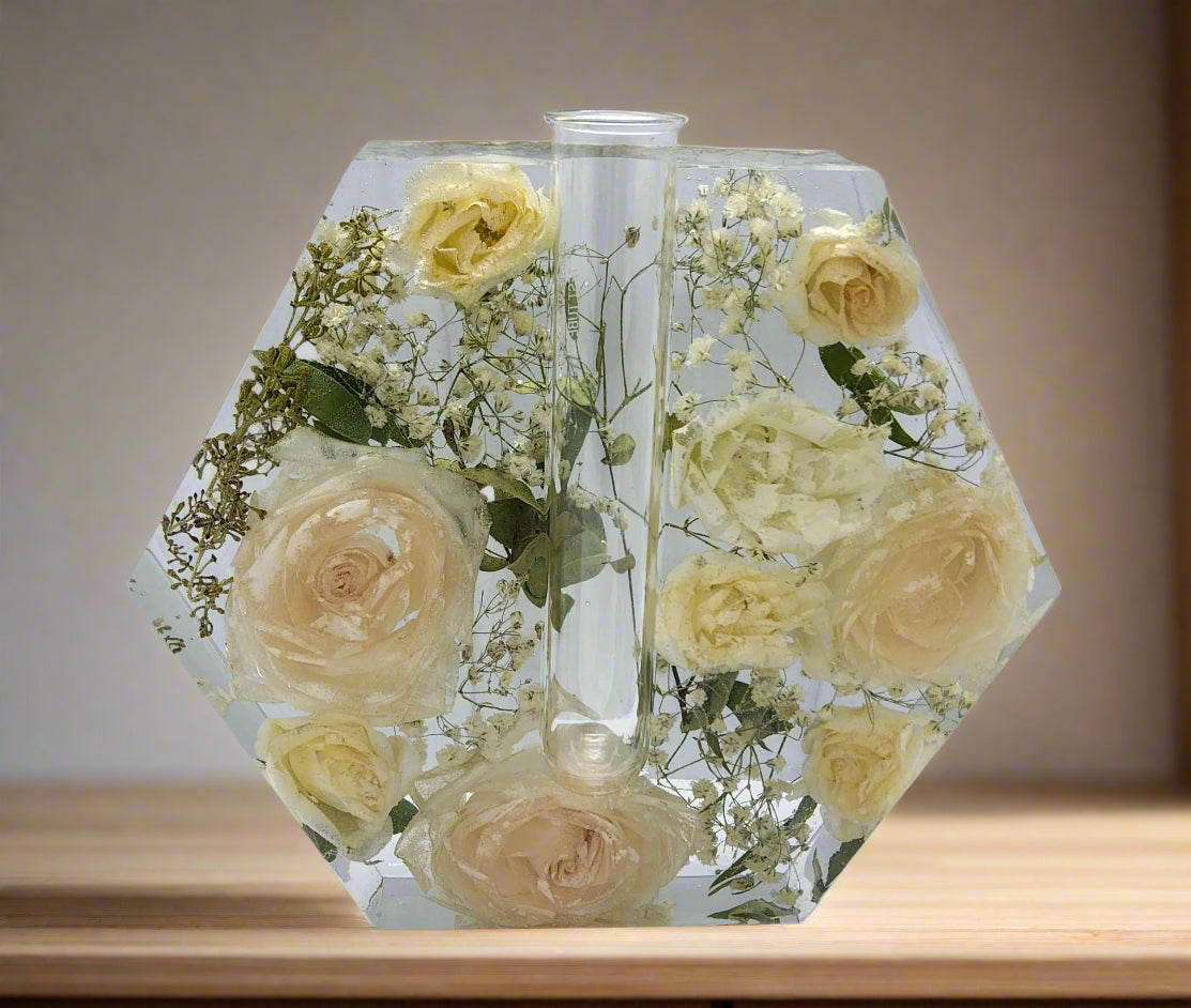 Hexagon Vase White Rose Flower Preservation