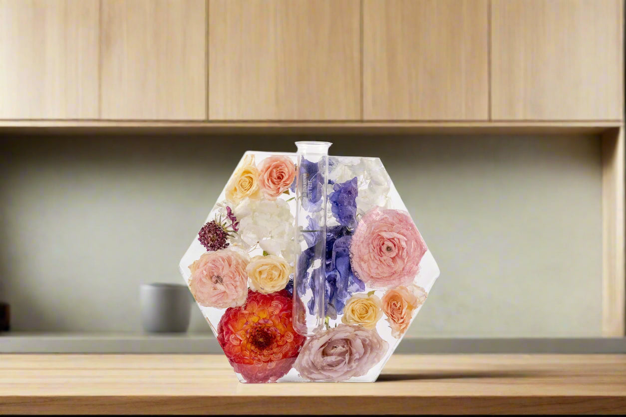 Dahlia Bouquet Preservation Hexagon Vase