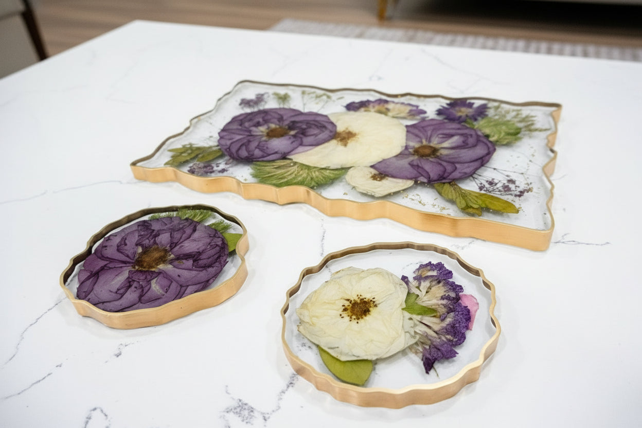 Resin Tray and Geode coasters with pressed flowers on a white marble surface wedding bouquet preservation funeral flower preservation Resin Gifts