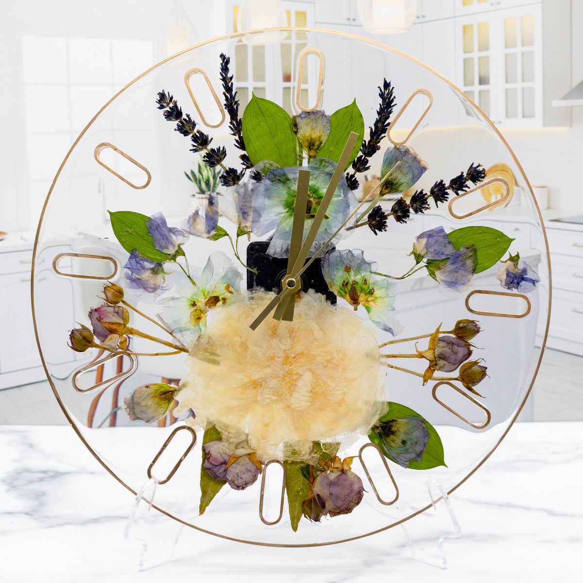 Tall portrait photo of a pressed flower 12-inch clock with mixed dried botanical layers