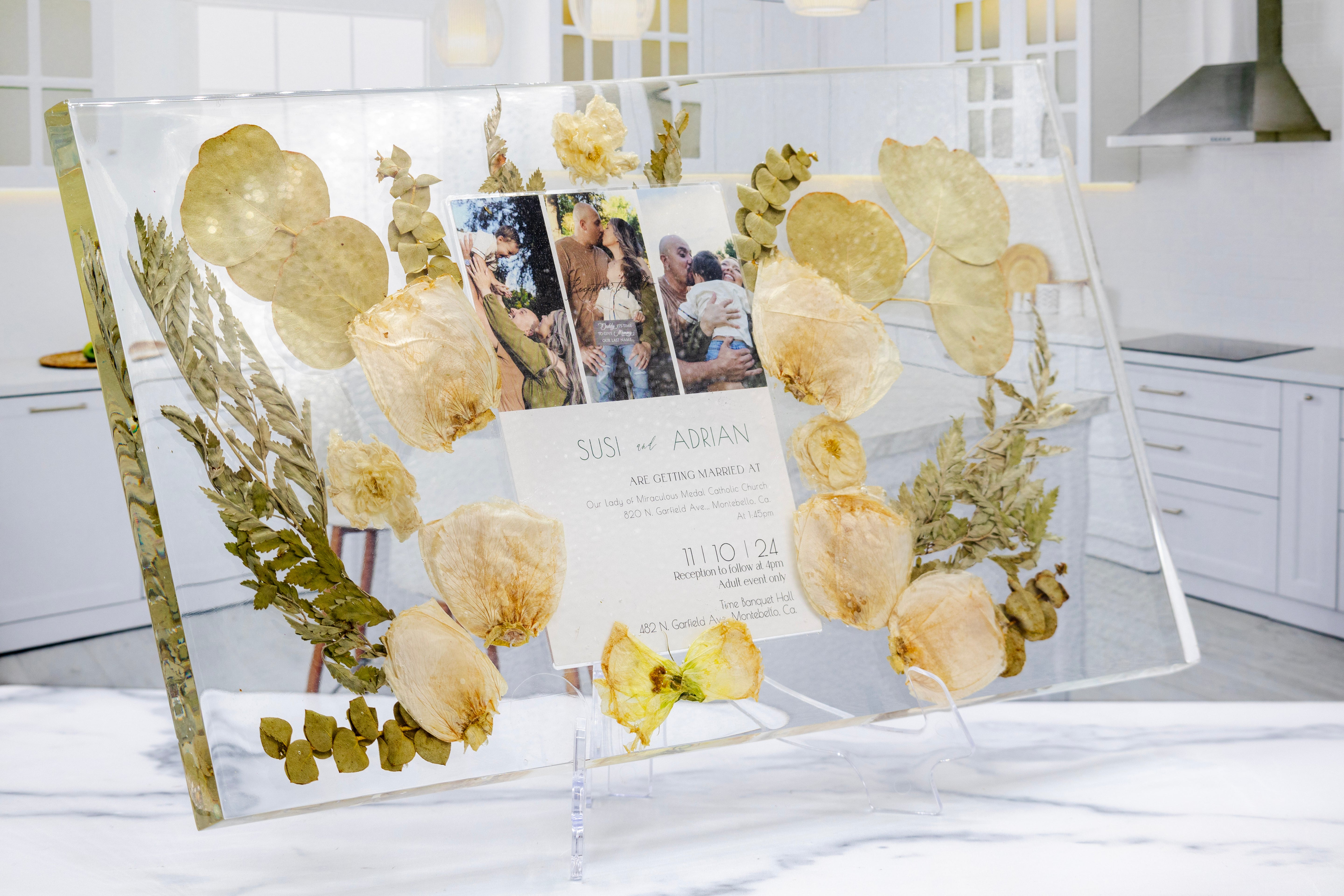 Flower Preservation with Wedding Invitation inside of a resin tray on stand