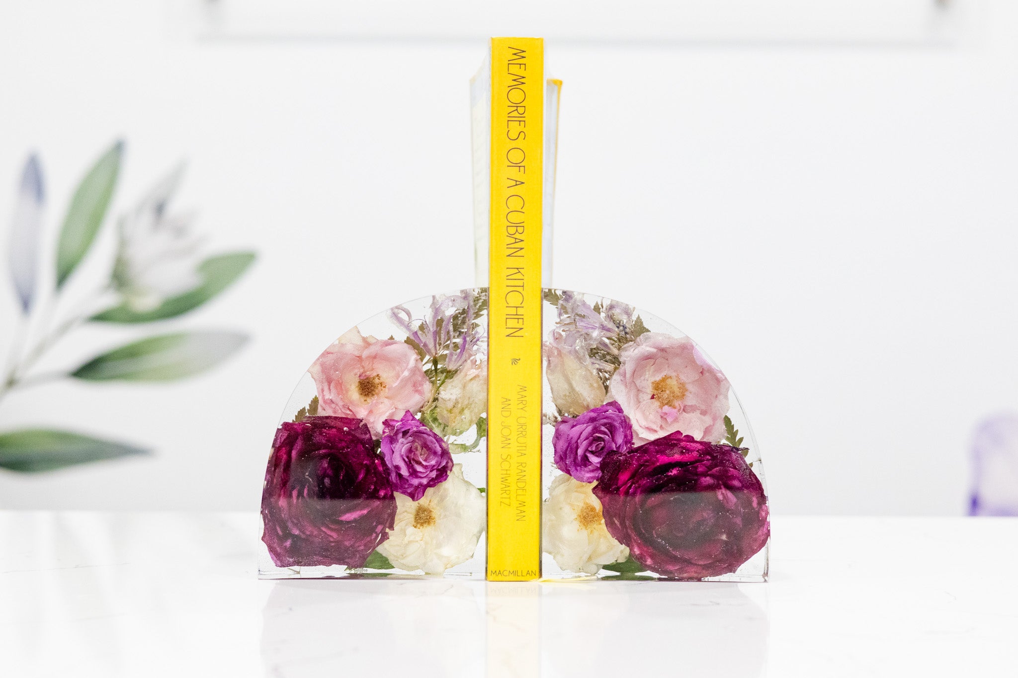 clear preserved rose book end set of two resin bookends with bouquet preservation home decor for the bookish bride.