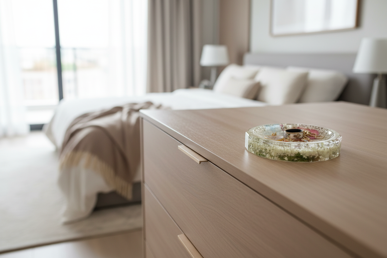 Wooden dresser with preserved flower resin ring dish in a bedroom setting