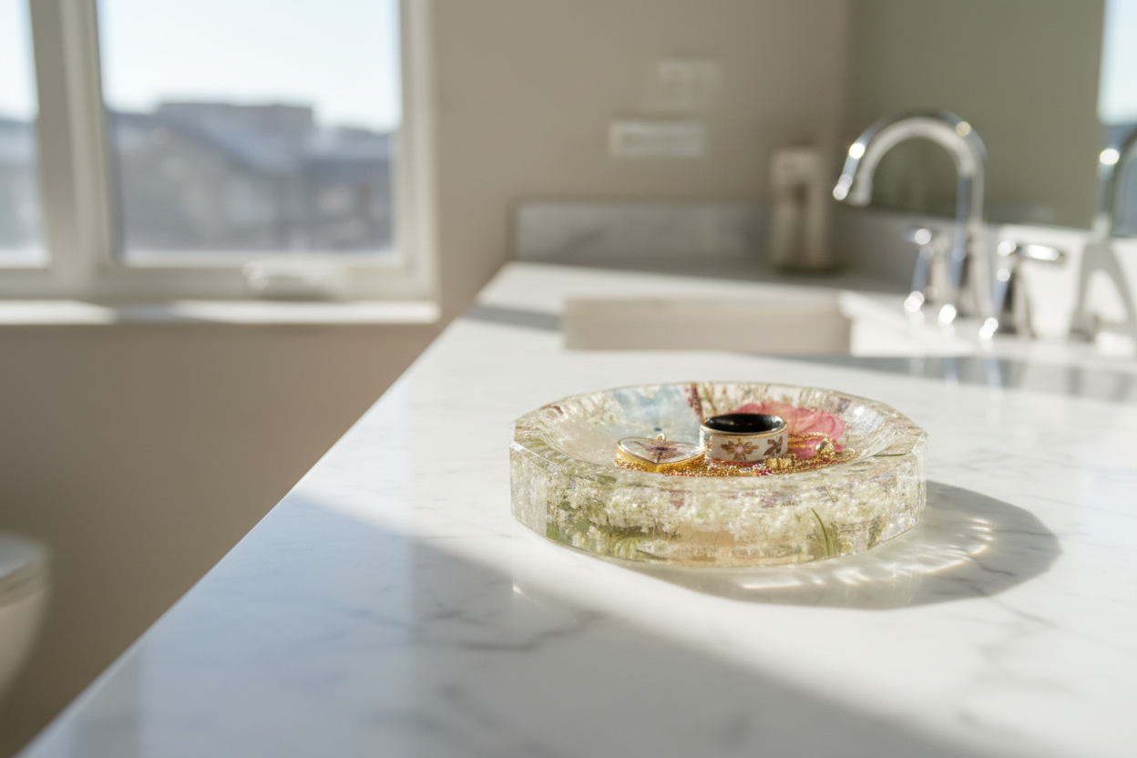 Resin flower preservation round ring dish on a bathroom counter