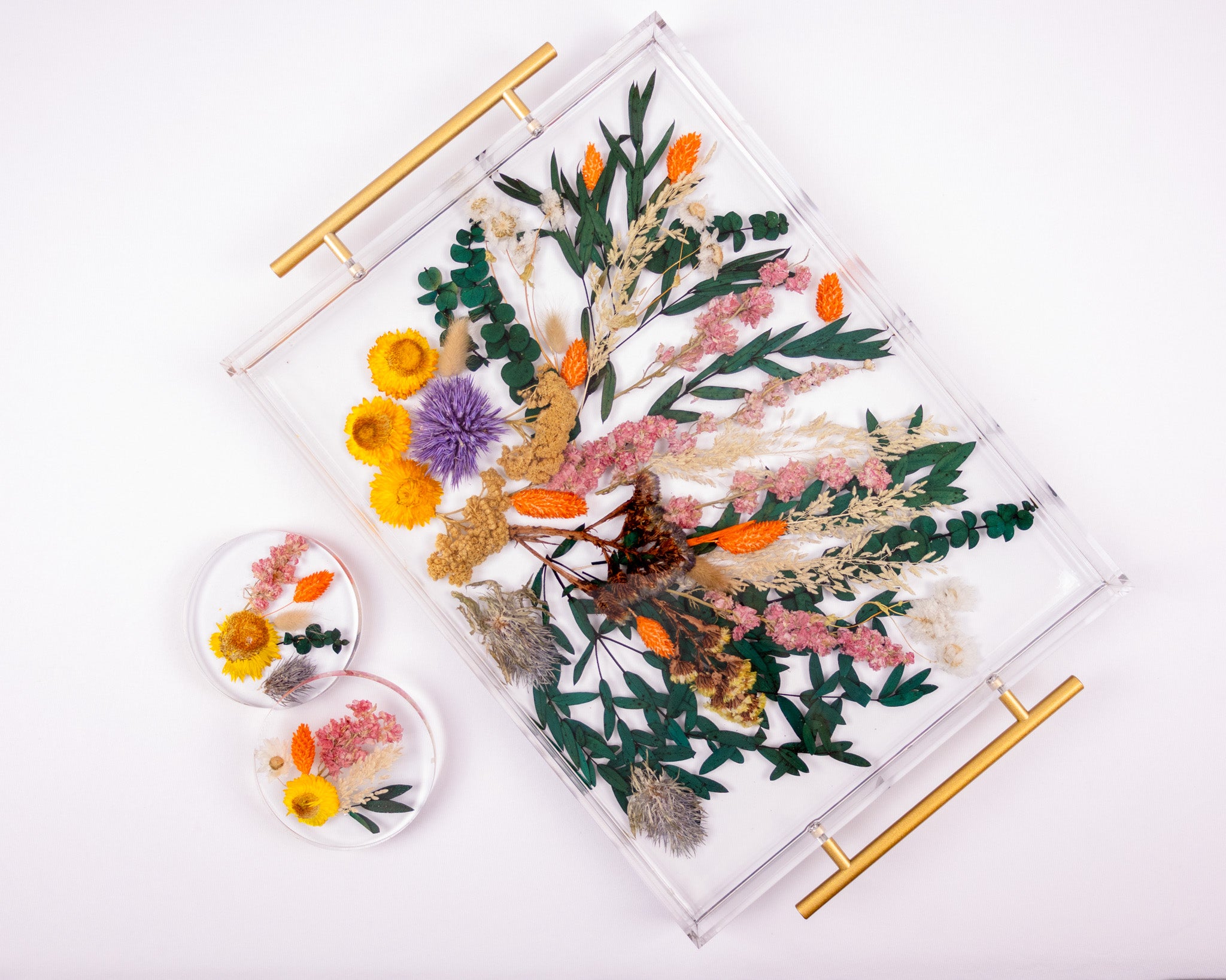 Pressed Flower Acrylic tray with 2 coasters
