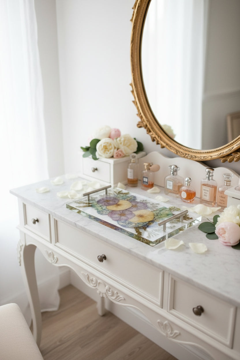 pressed flower resin tray flower preservation wedding vanity with perfumes and fresh flowers