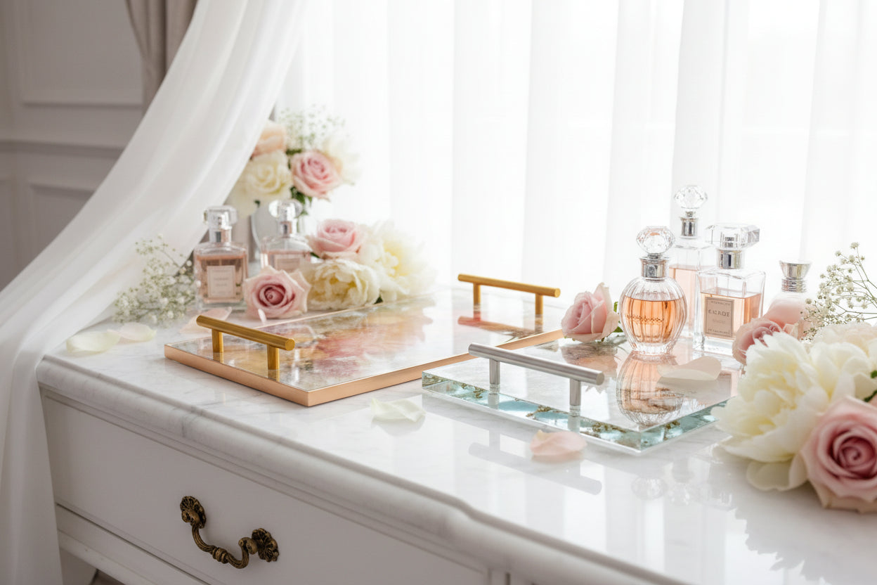Modern resin vanity tray with gold and silver metal handles on a wedding day vanity with perfume and flowers