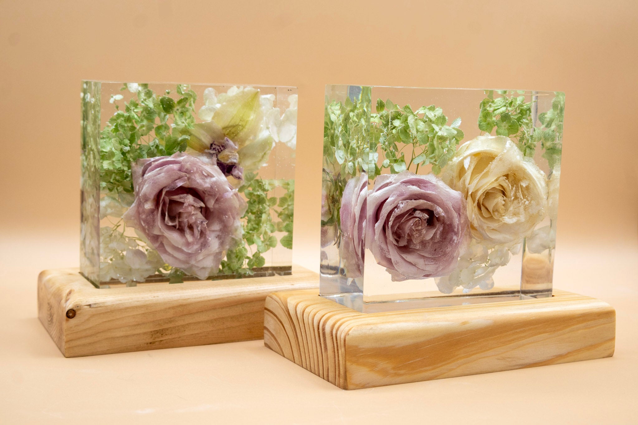 Two resin cube nightlights containing dried preserved roses from a memorial preservation on lighted wooden bases