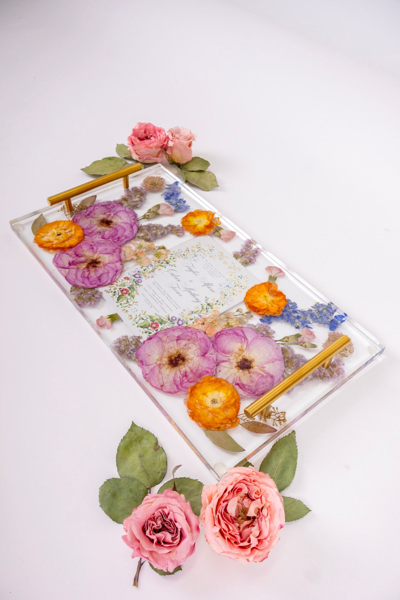 Resin Tray with Wedding Invitation Wedding Bouquet Preservation Tray Resin Floral Preservation Bridal Bouquet Pressed Flower Preservation