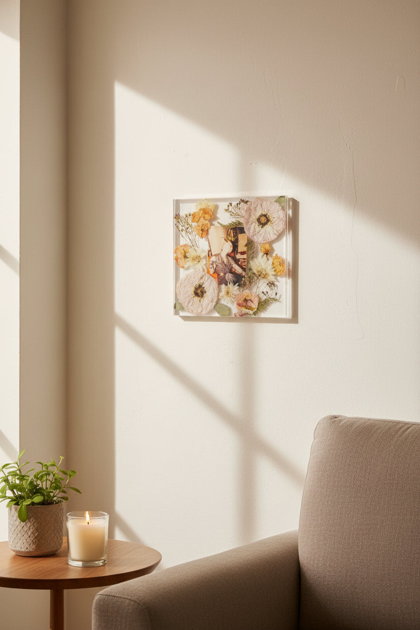 Resin memorial flower preservation frame with pressed flowers and photo keepsake hanging on a wall in living room