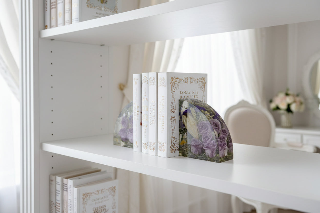 set of 7 inch bookends on a bookshelf in a bridal suite