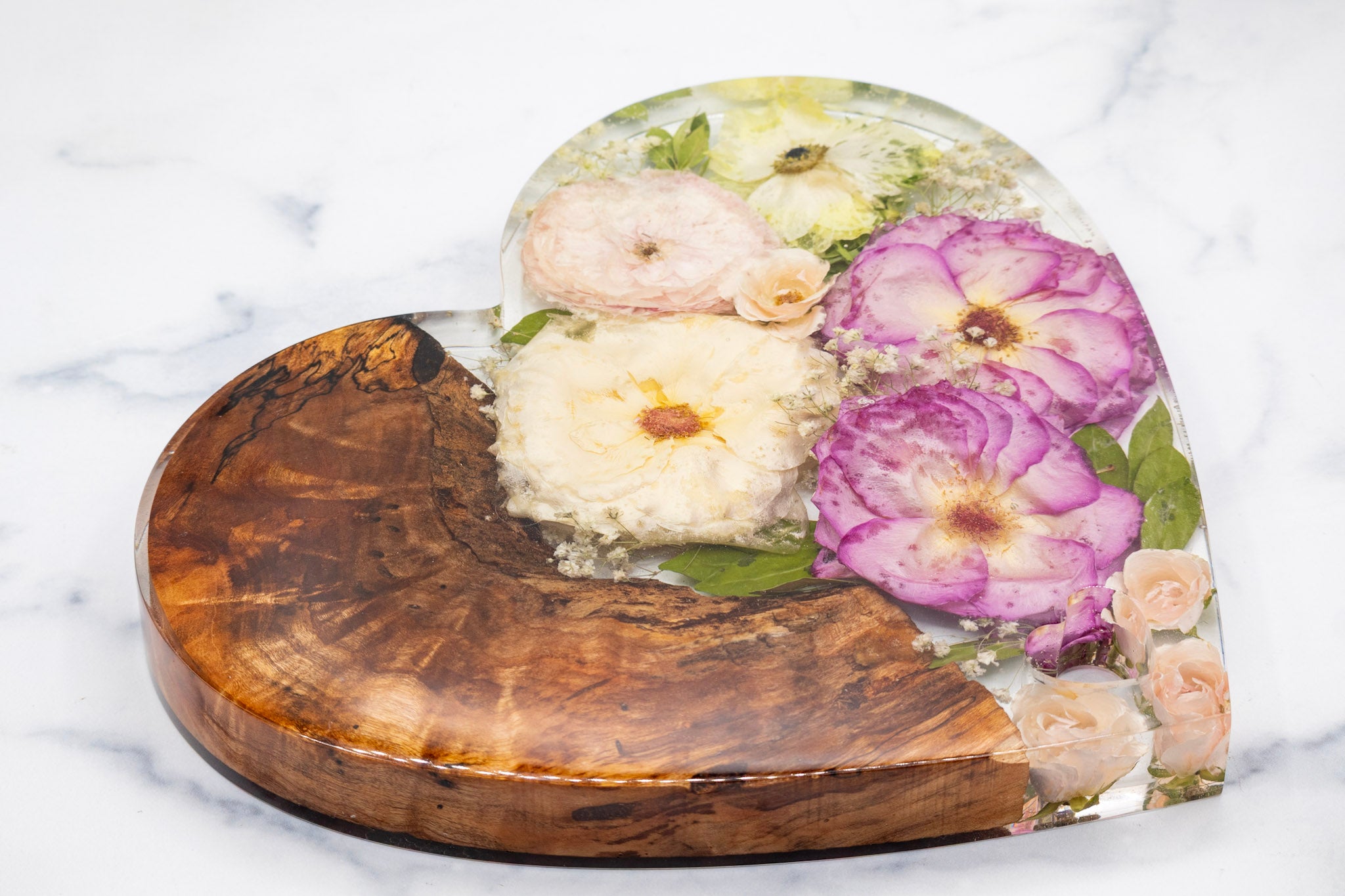 Preserved Flower Art – Custom Wedding Bouquet Keepsake in Heart-shaped Wood Resin