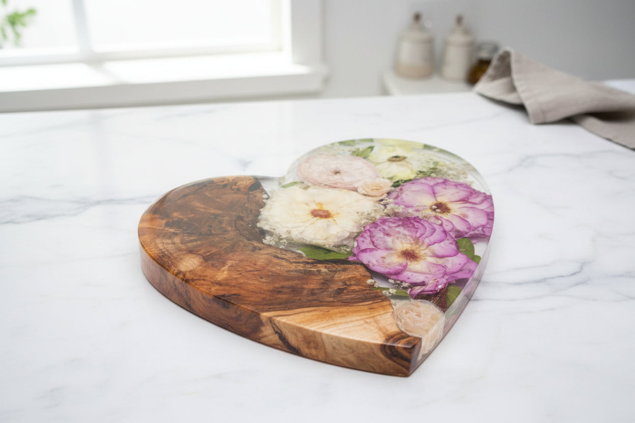 resin wood tray on a bathroom counter