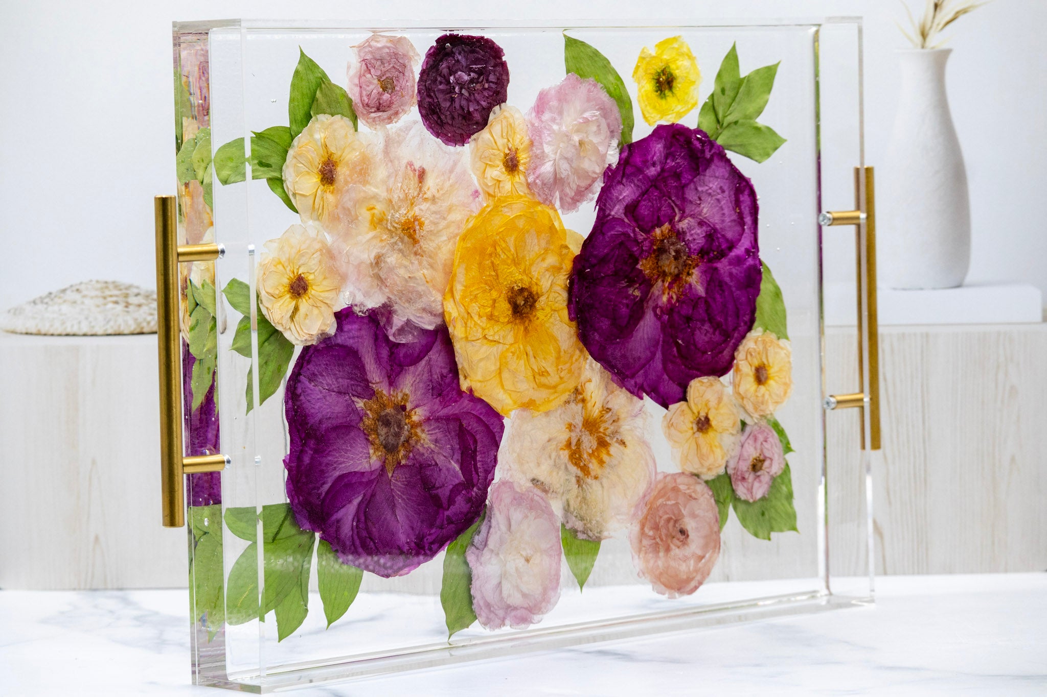 pressed flower serving tray with pink and yellow flowers