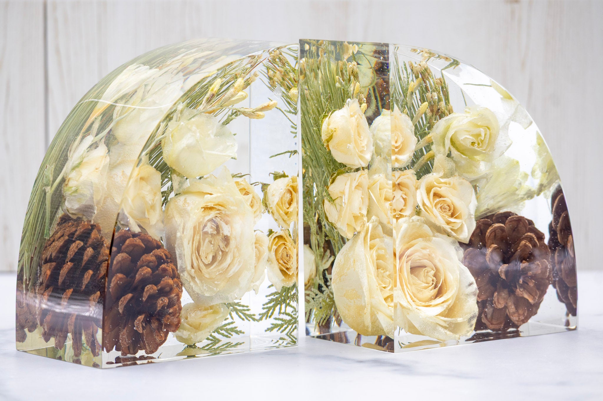Transparent epoxy resin bookends containing preserved white roses and pinecones on a white background