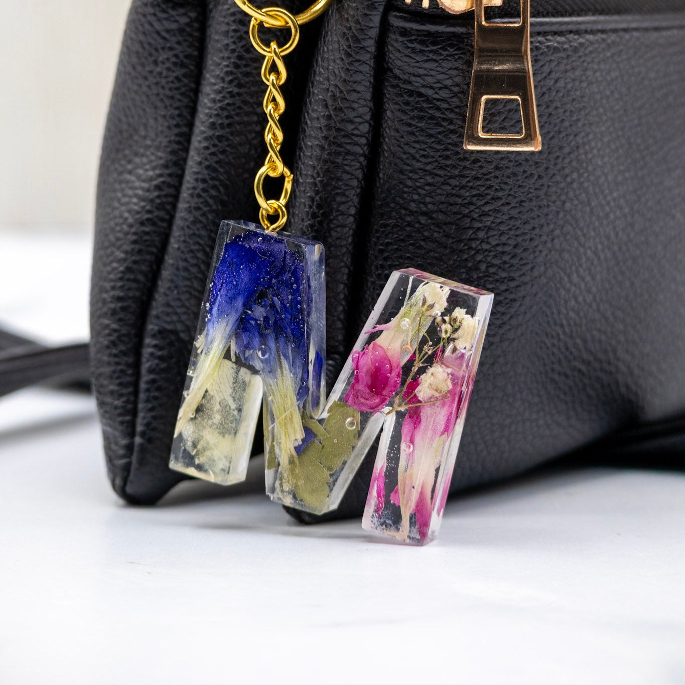 Monogram key chain with preserved wedding bouquet flowers in crystal clear resin letter