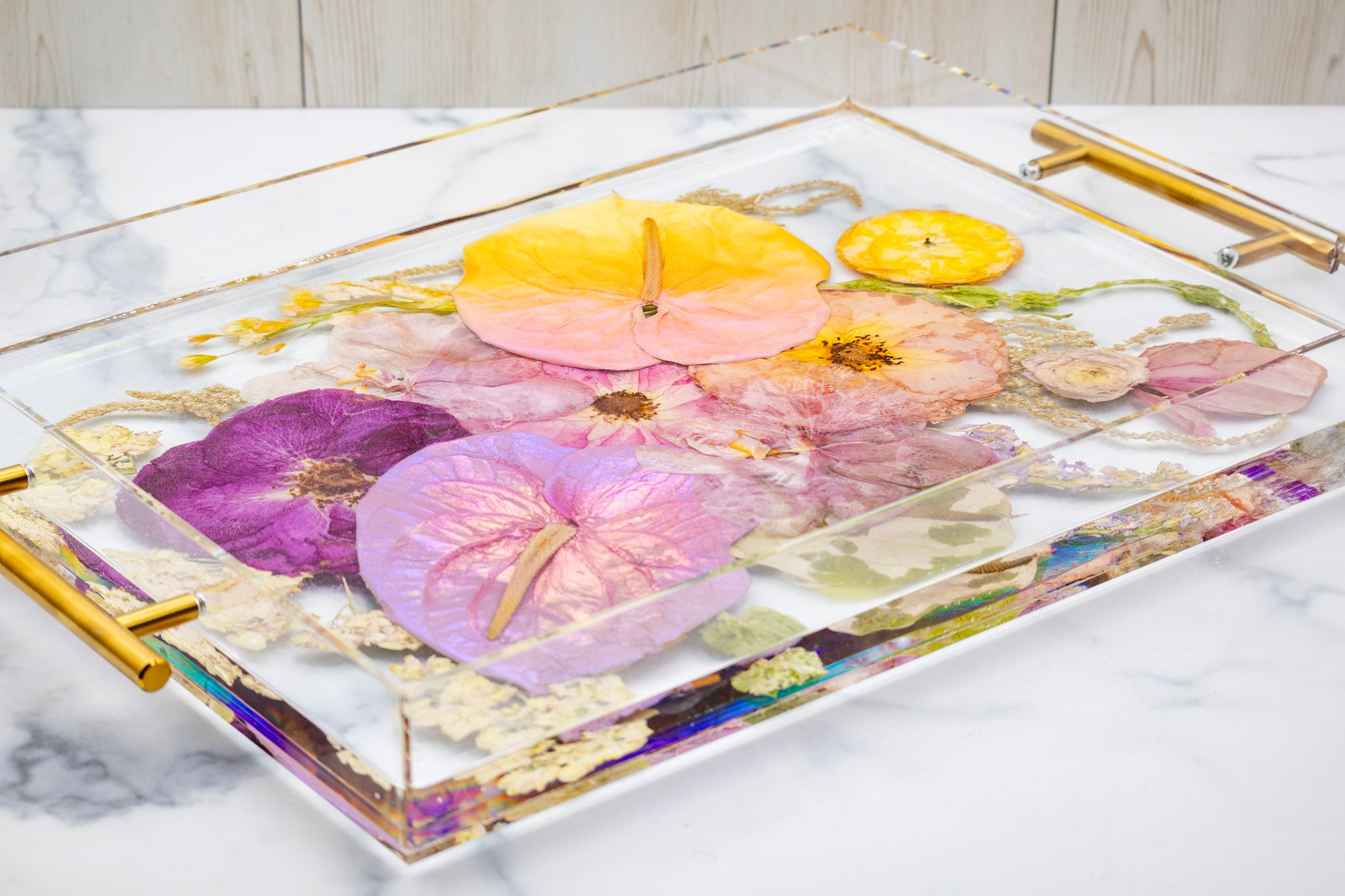 Preserved anthurium tropical bouquet preservation in pressed flower serving tray with raised edges and gold handles