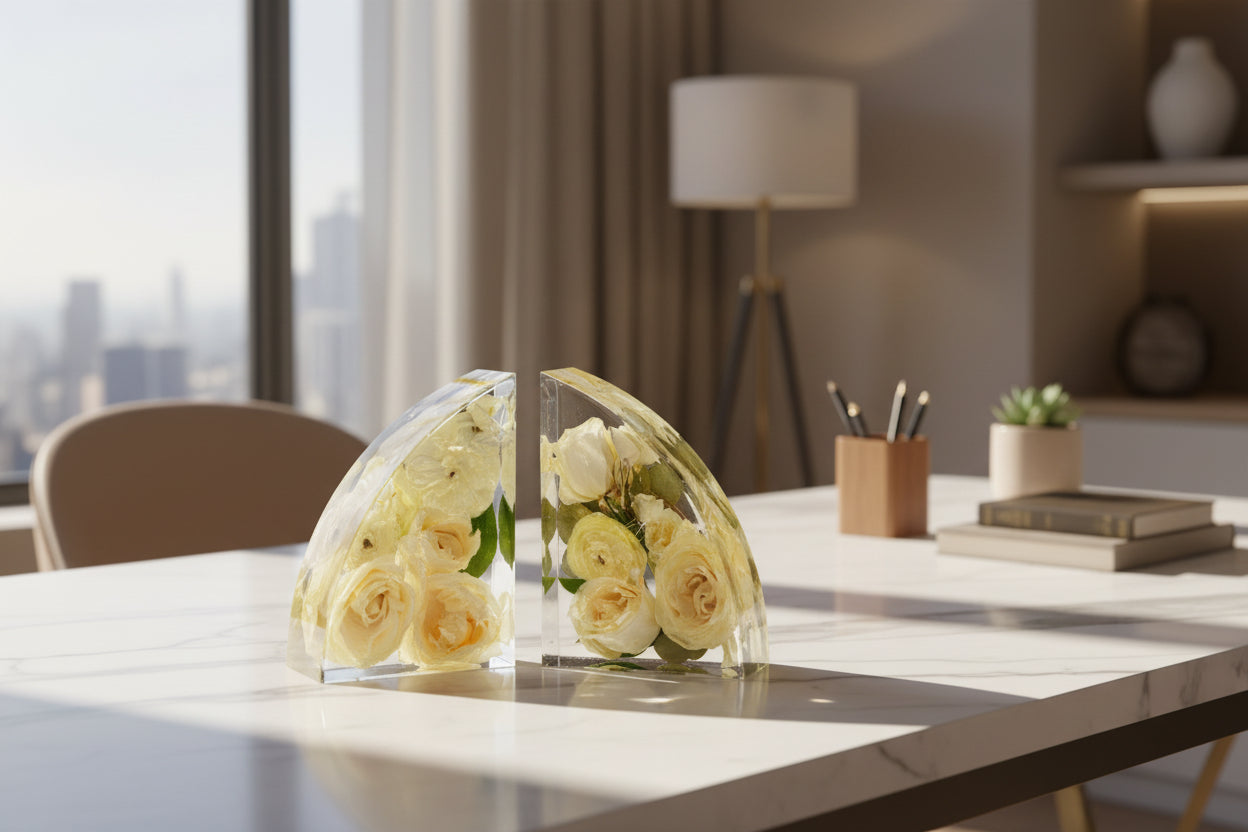 Epoxy resin bookend flower preservation on office desk