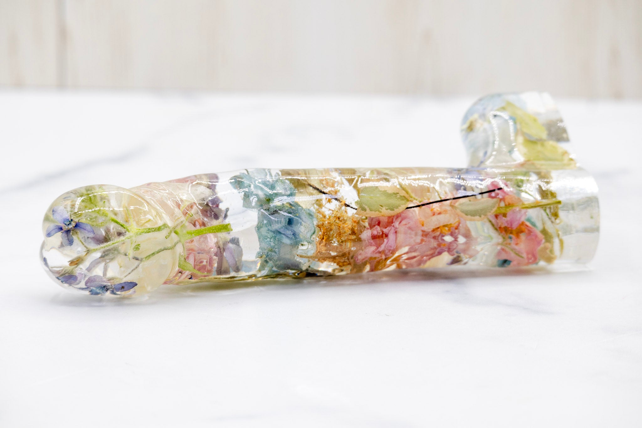 Preserved Flower Resin Dildo Blue and pink flowers