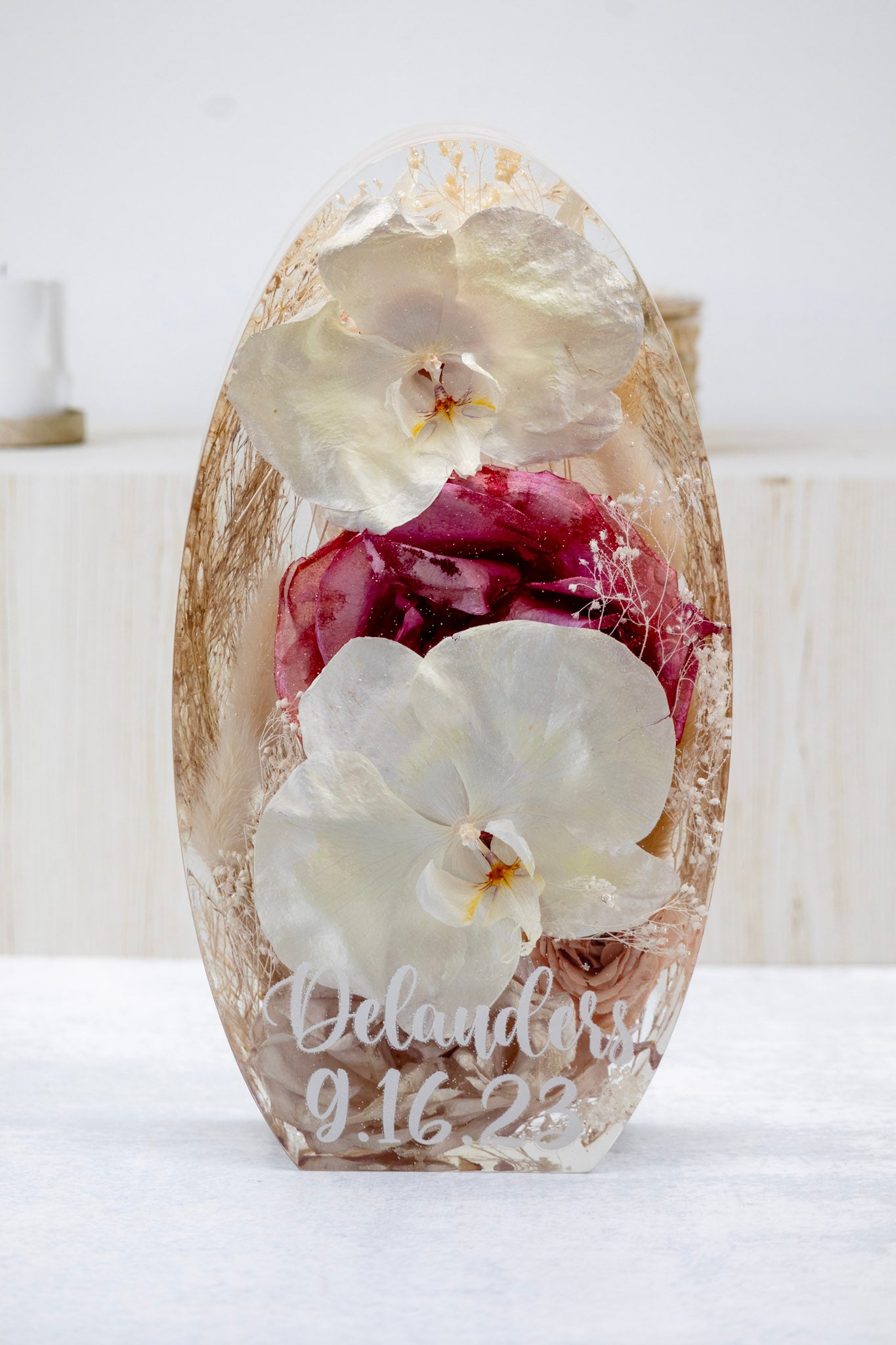 Wedding flower preservation white orchid preservation with color correction and name personalization in oval resin keepsake dried flower art