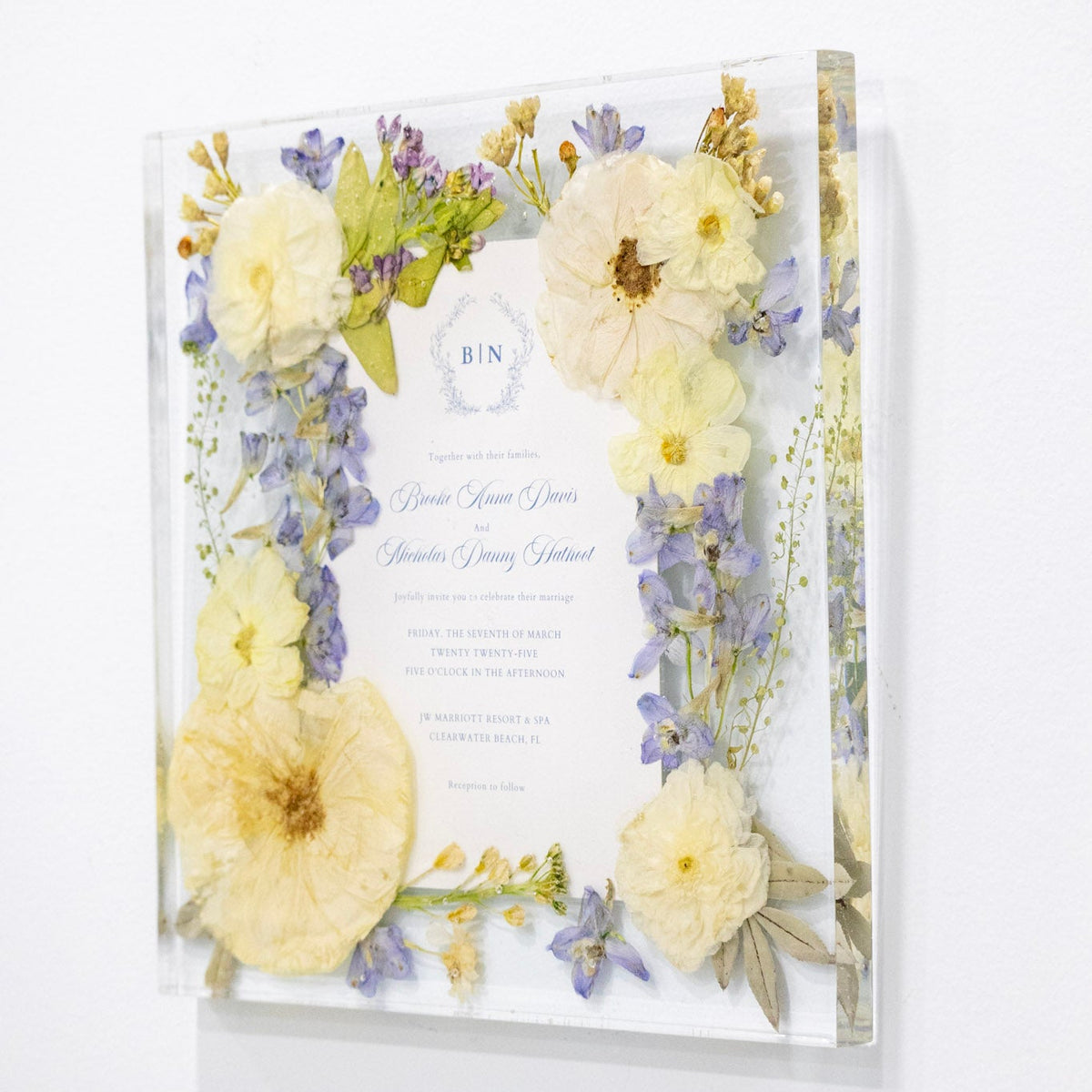 14x14 pressed flower floating frame with preserved wedding invitation inlay