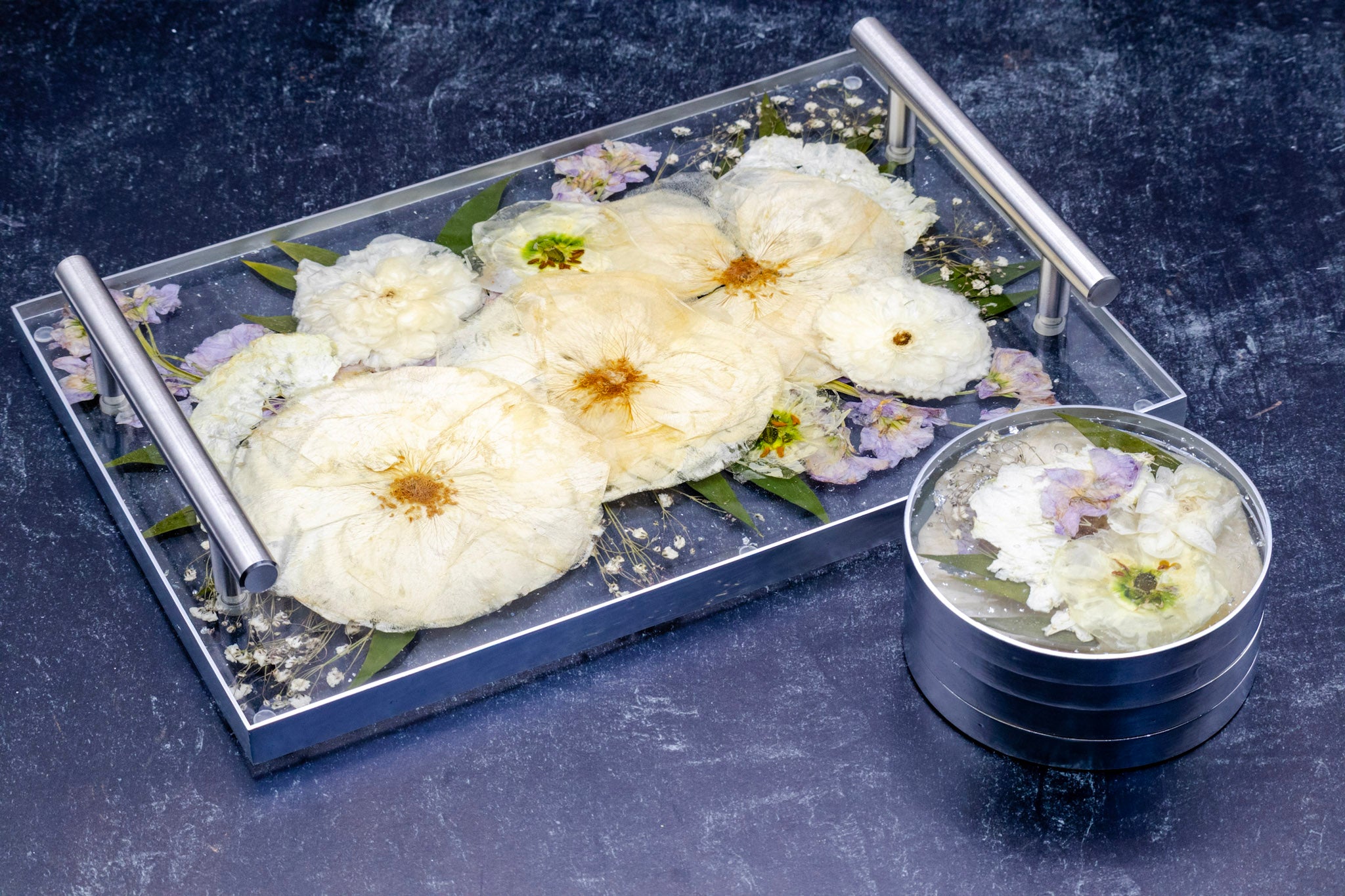 12x8 Tray & Round Coaster Bundle featuring preserved flowers in resin, perfect for showcasing wedding memories.