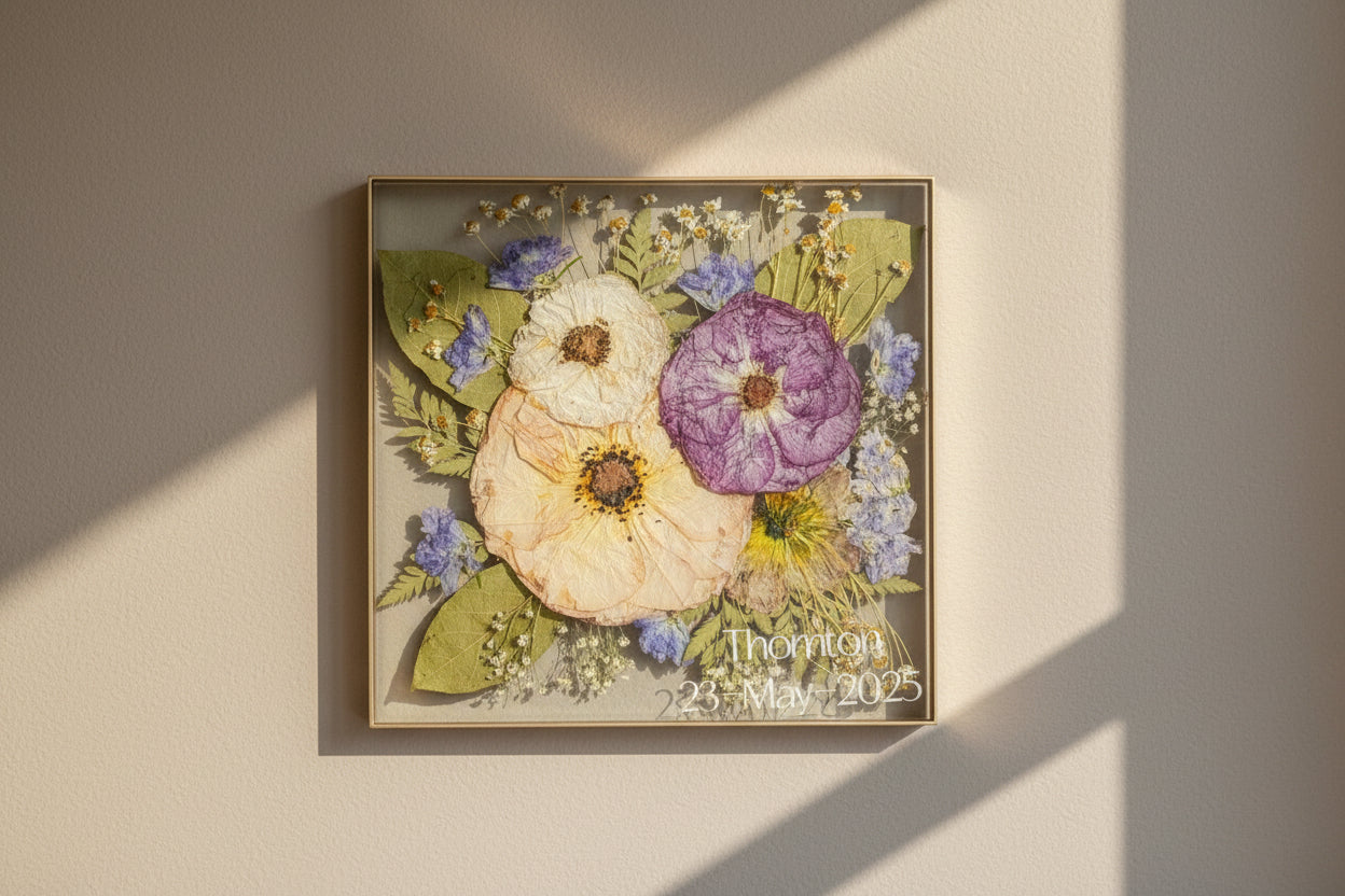 pressed flower floating wall frame hanging on the wall wedding bouquet preservation with inlaid text and gold painted edge