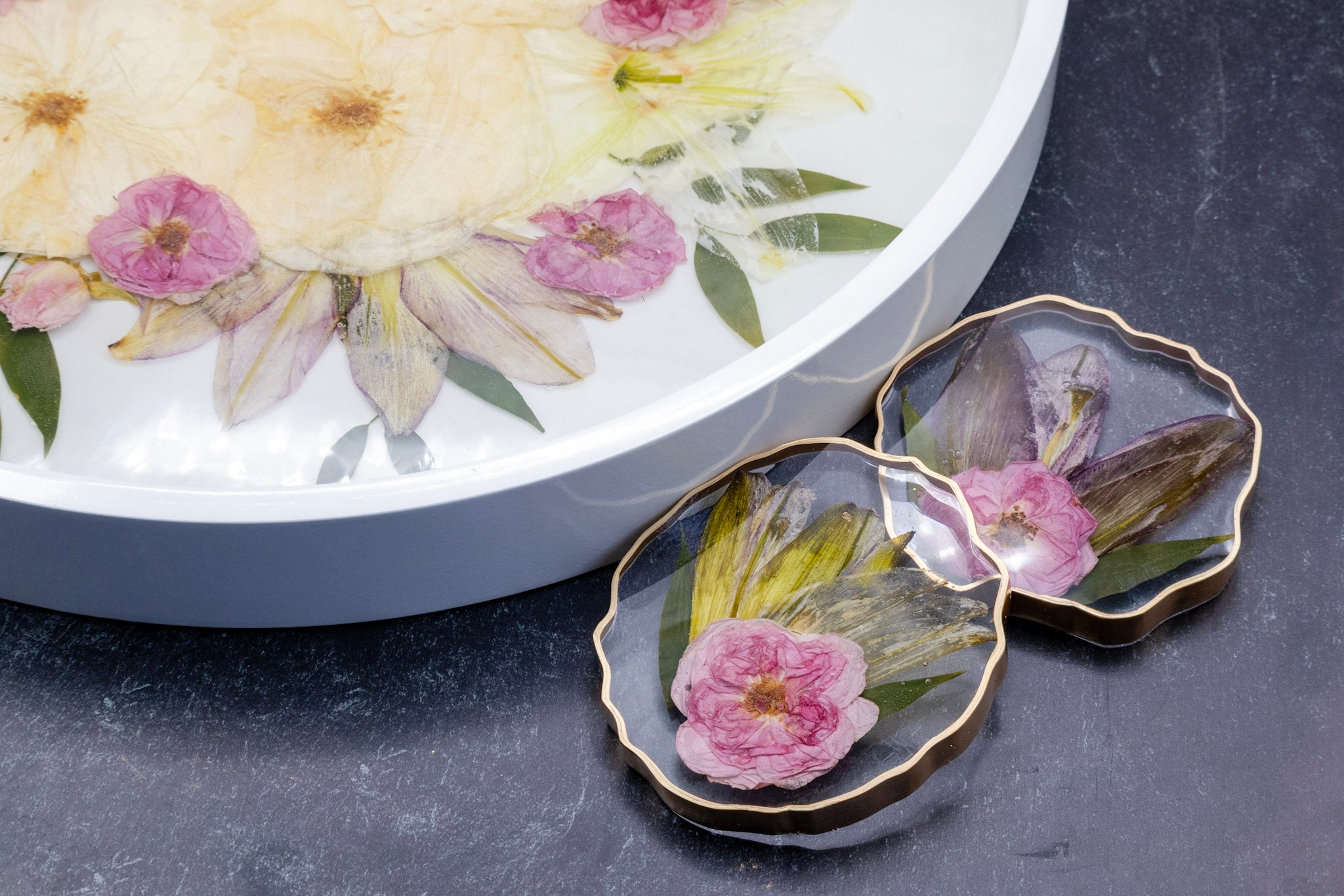 White and pink bouquet preservation pressed lily and rose ottoman tray with a set of geode coasters