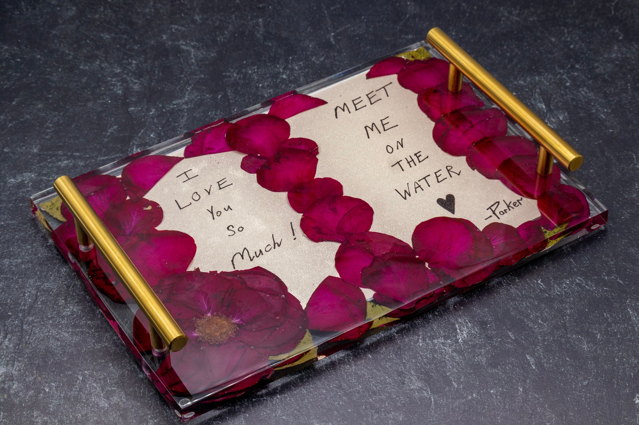 Proposal Flower Preservation Keepsake Engagement Flower tray with red rose petals and romantic message on a dark surface