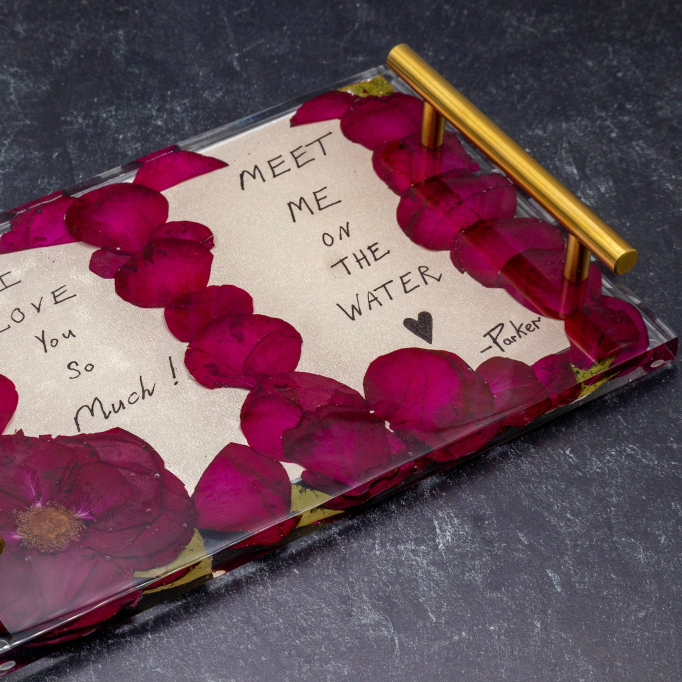 Proposal Flower Preservation Keepsake Engagement Flower tray with red rose petals and romantic message on a dark surface
