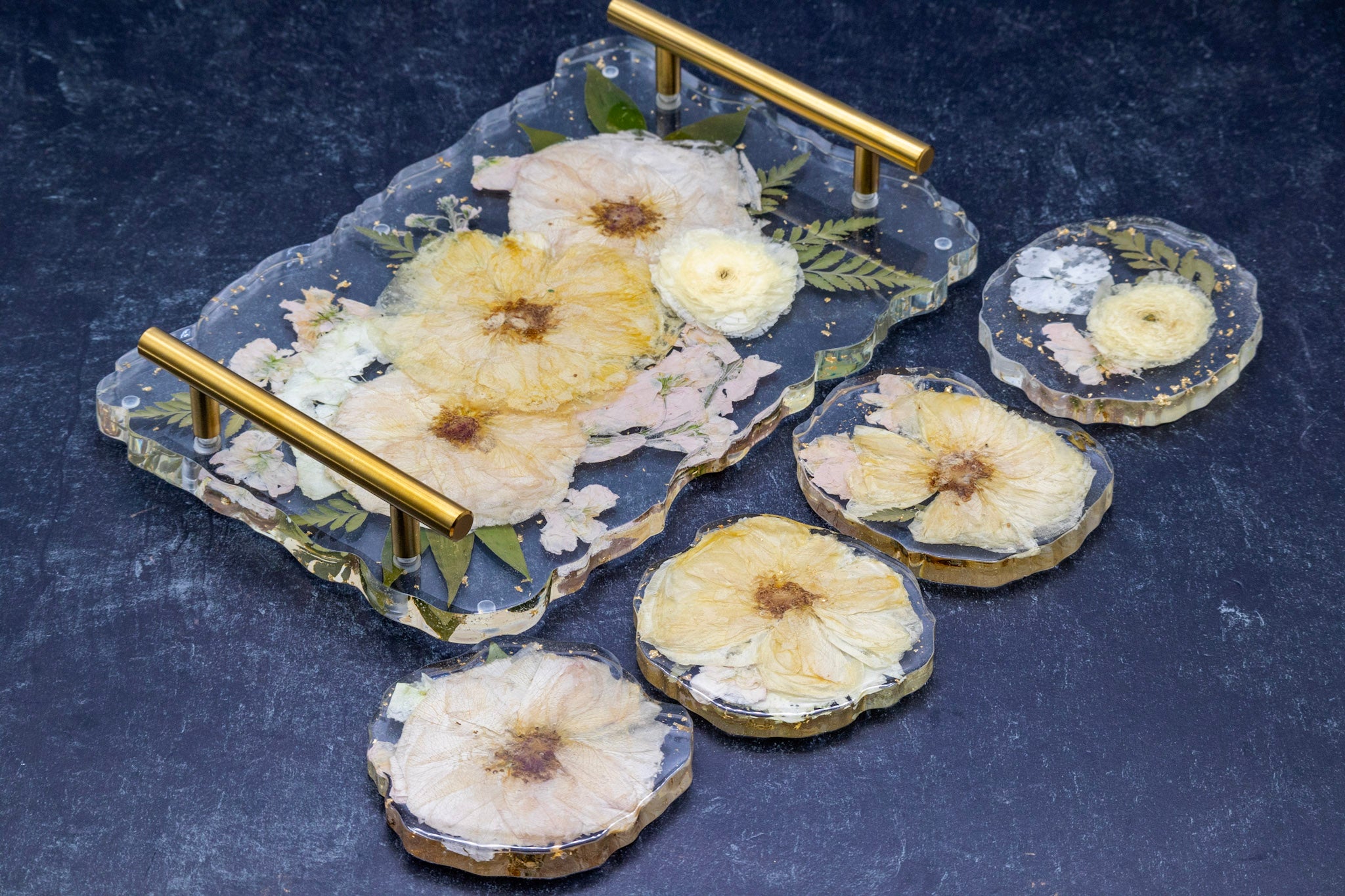 Set of floral coasters with gold handles on a dark surface Preserved Roses Resin Acrylic Serving Tray Flower Preservation