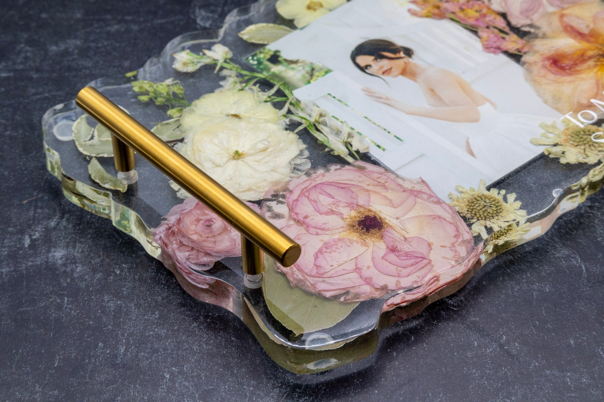 resin wedding bouquet preservation serving tray with gold handles and geode edge displaying an inlaid wedding photo and text personalization for Mom.