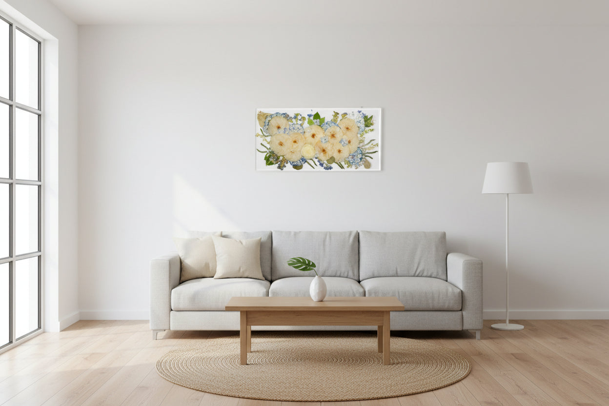 Decorative resin floral preservation with white roses and green leaves on a modern living room wall