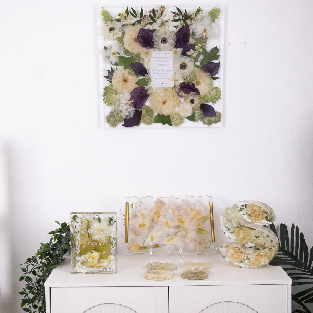 Bouquet preservation legacy package by wild coast flower preservation includes large wall decor, love story book preservation, resin serving tray and coaster set, and large letter block made with real flowers