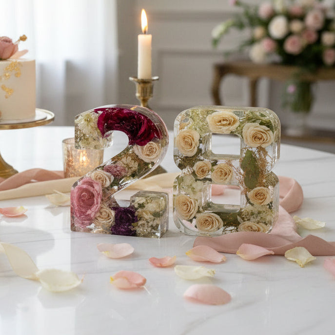 Resin Flower Preservation Numbers made of clear resin with embedded flowers on a white background