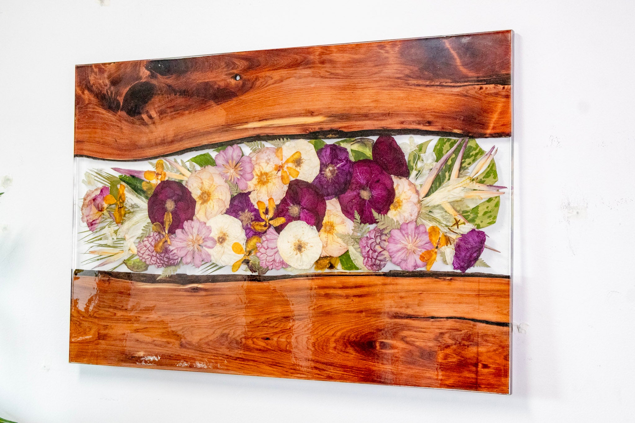Large resin wall decor 40x27 live edge wood and pressed flower wall art