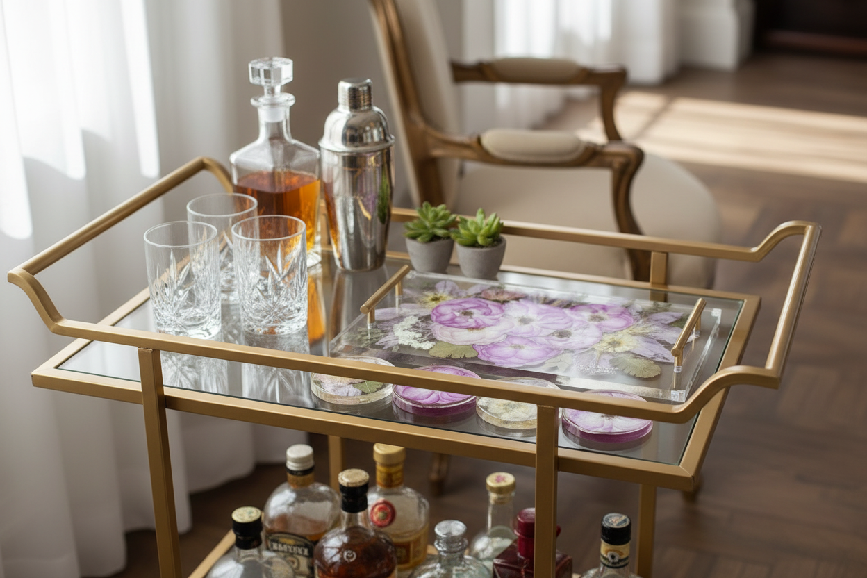 Bouquet preservation tray and coasters on a bar cart