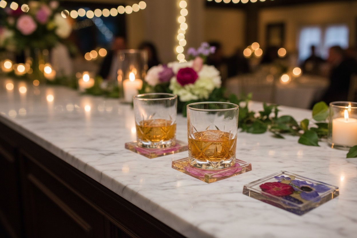coasters made with pressed wedding flowers in square coasters with pressed flowers on bar