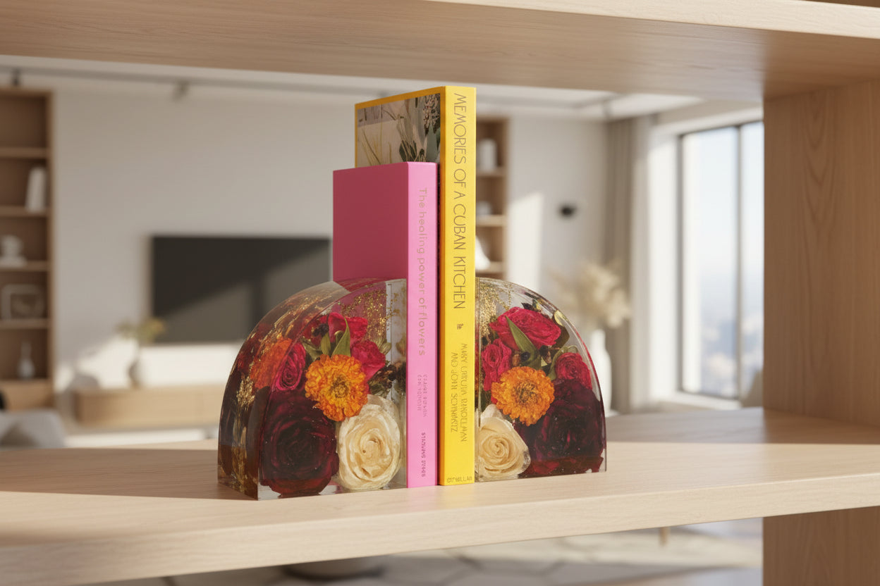 Resin Bookend Flower Preservation Bookend on a shelf in a living room