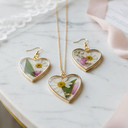 Pressed flower necklace and earrings from wedding bouquet flower preservation jewelry set